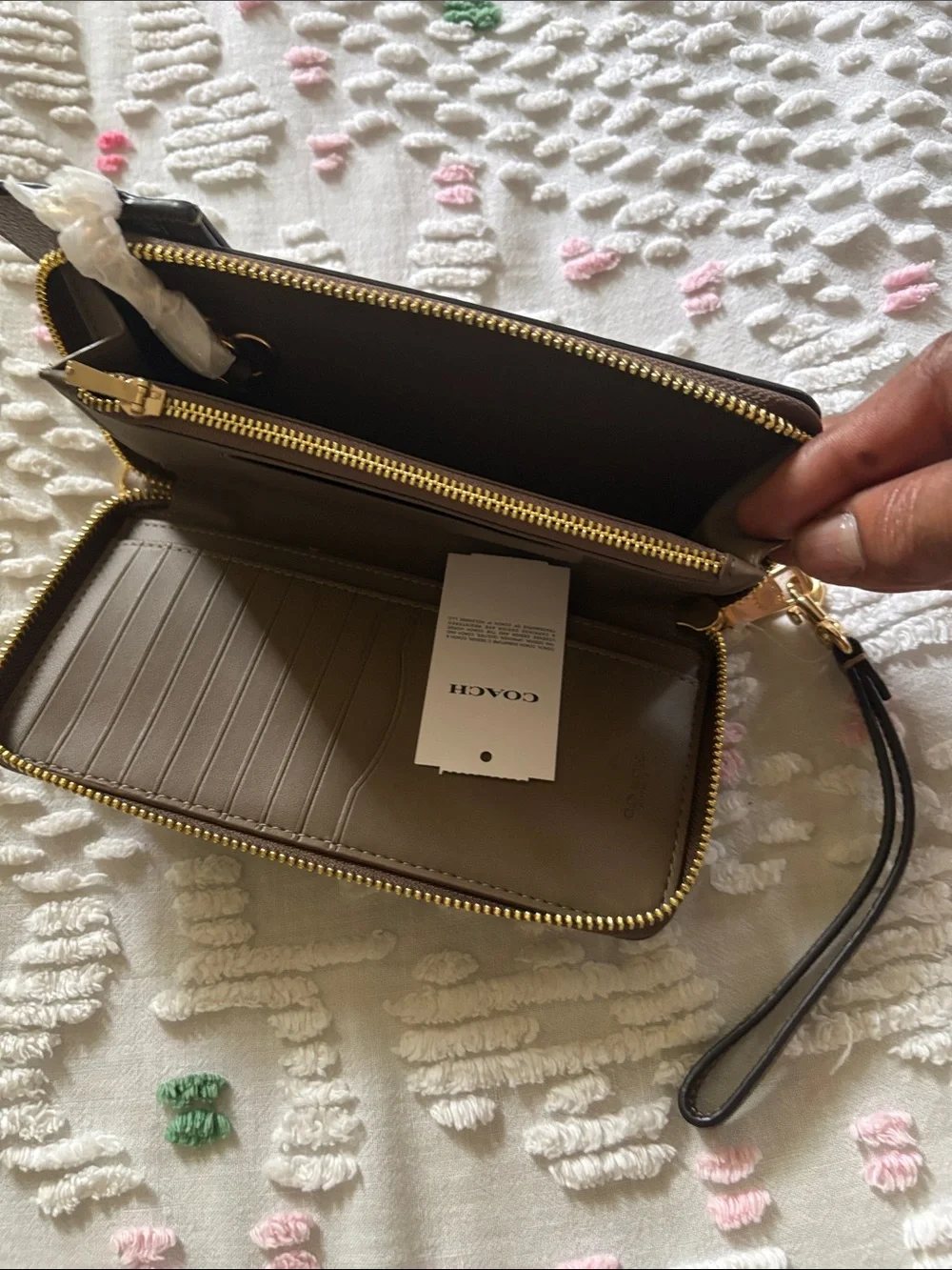 Coach Pebbled Leather Wristlet in Taupe Brown with Gold Hardware